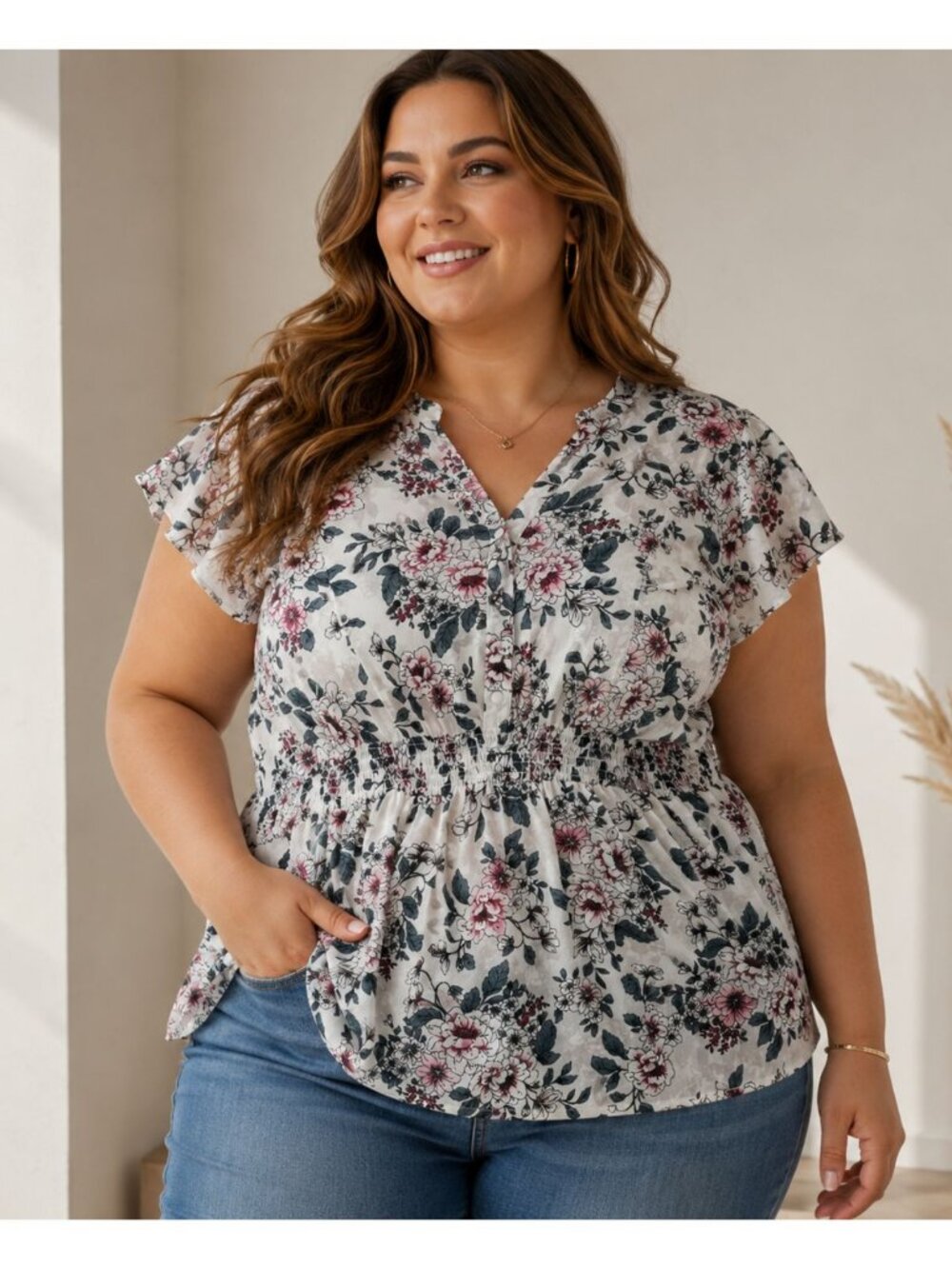 Torrid 5 5X White Floral Chiffon Flutter Sleeve Smocked Waist Blouse